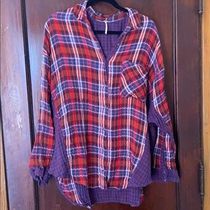 Free People Red and Blue Plaid Button Down Shirt